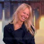 Pamela Anderson’s navy button detail blouse and pants on The View