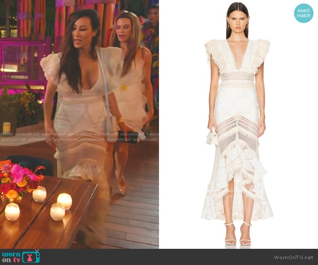 PatBO Woven Trim Plunge Bodysuit and Lace Skirt worn by Angie Katsanevas on The Real Housewives of Salt Lake City