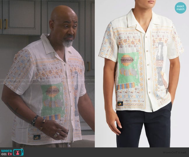 Percival Meal Deal Embroidered Short Sleeve Linen Graphic Camp Shirt worn by Frank (Lamont Thompson) on The Upshaws