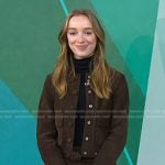 Phoebe Dynevor's brown suede jacket and mini skirt on Today