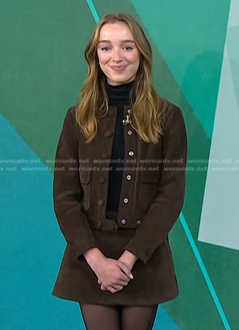 Phoebe Dynevor’s brown suede jacket and mini skirt on Today