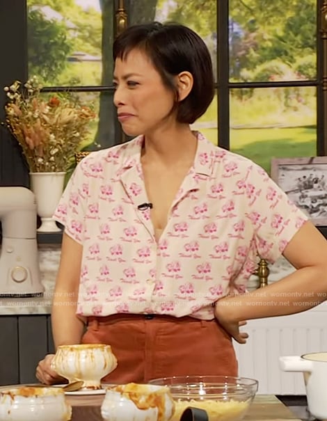 Pilar Valdes’s printed short sleeve shirt on The Drew Barrymore Show