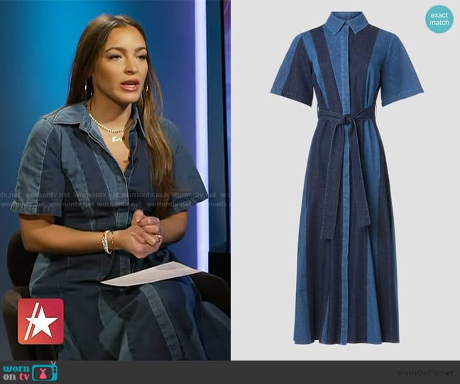 Prabal Gurung Denim Patchwork Midi Dress worn by Emily Orozco on Access Hollywood