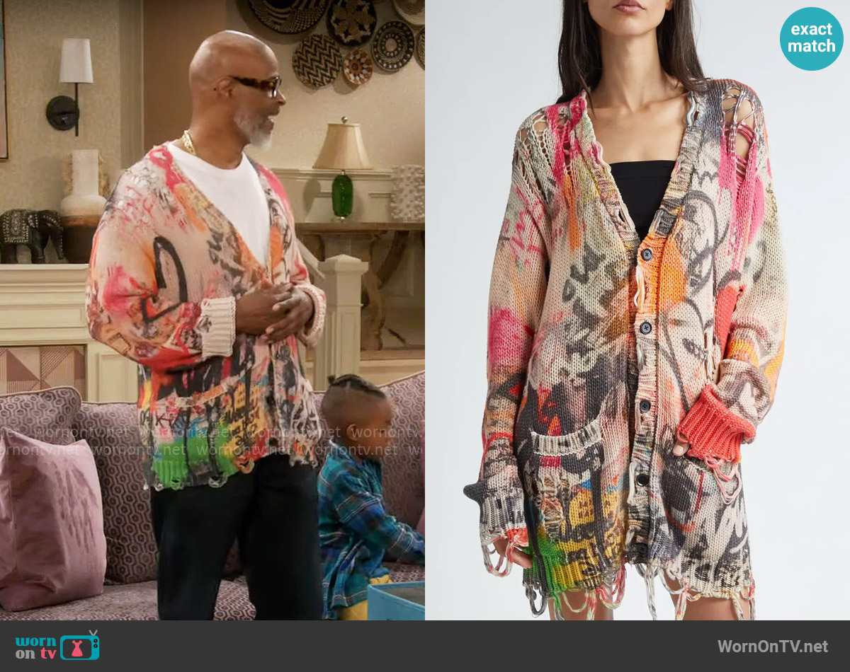 R13 Graffiti Print Distressed Cotton Cardigan worn by Poppa (Damon Wayans) on Poppas House