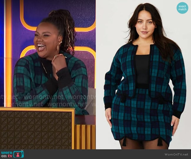 Rachel Antonoff Clara Cardigan in Blackwatch Plaid worn by Drew Barrymore on Hollywood Squares