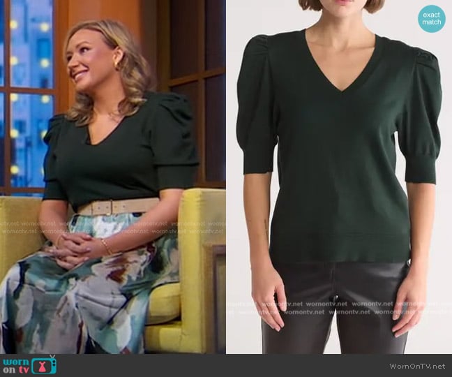 RACHEL Rachel Roy V-Neck Puff Sleeve Sweater in Green worn by Alexandra Sowa on Good Morning America