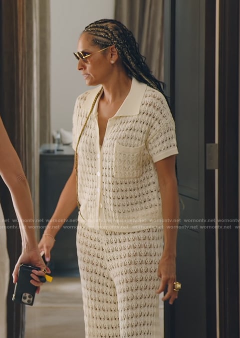 Racquel's white crochet knit top and pants on The Real Housewives of New York City