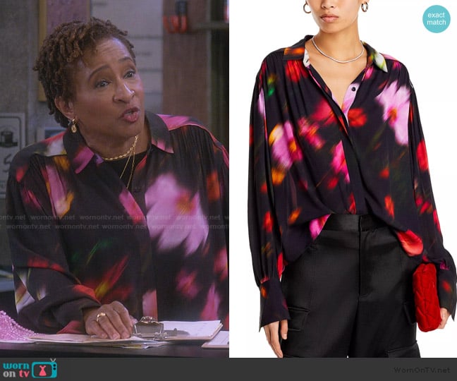 Lucretia’s black floral print blouse on The Upshaws