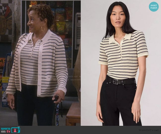 Lucretia’s white striped top on The Upshaws