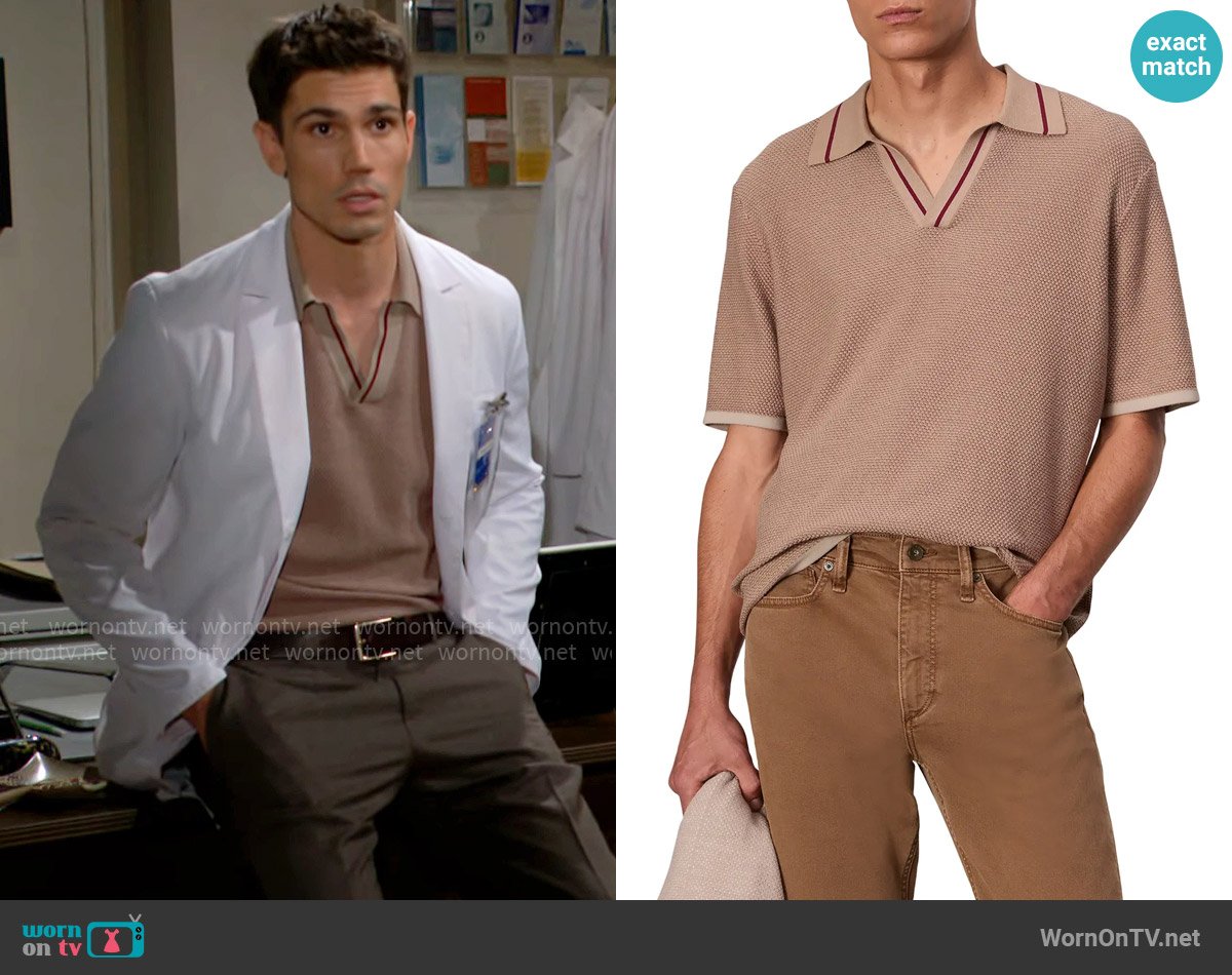 Rag and Bone Harvey Johnny Collar Piqué Polo in Desert worn by Dr. John Finnegan (Tanner Novlan) on The Bold and the Beautiful