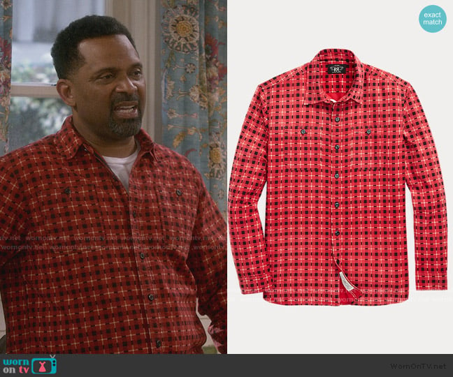 Ralph Lauren Plaid-Print Chamois Workshirt worn by Bernard Upshaw (Mike Epps) on The Upshaws