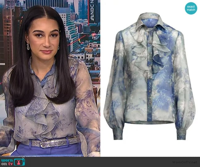 Ralph Lauren Dylon Ruffled Floral Washed Silk Shirt worn by Morgan Radford on NBC News Daily