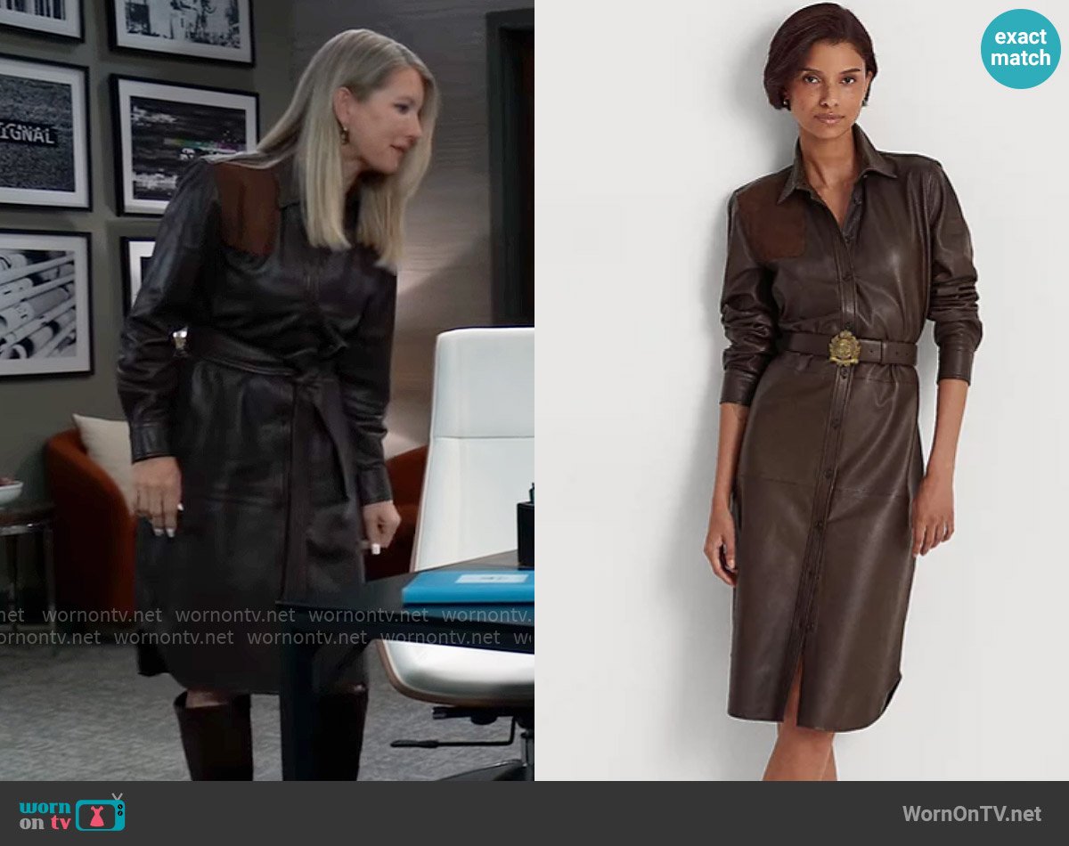 Ralph Lauren Belted Leather Shirt Dress worn by Nina Reeves (Cynthia Watros) on General Hospital