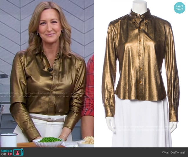 Ralph Lauren Purple Label Leather Button Down Shirt worn by Lara Spencer on Good Morning America