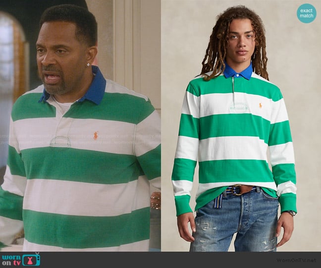 Ralph Lauren Classic Fit Striped Jersey Rugby Shirt worn by Bernard Upshaw (Mike Epps) on The Upshaws