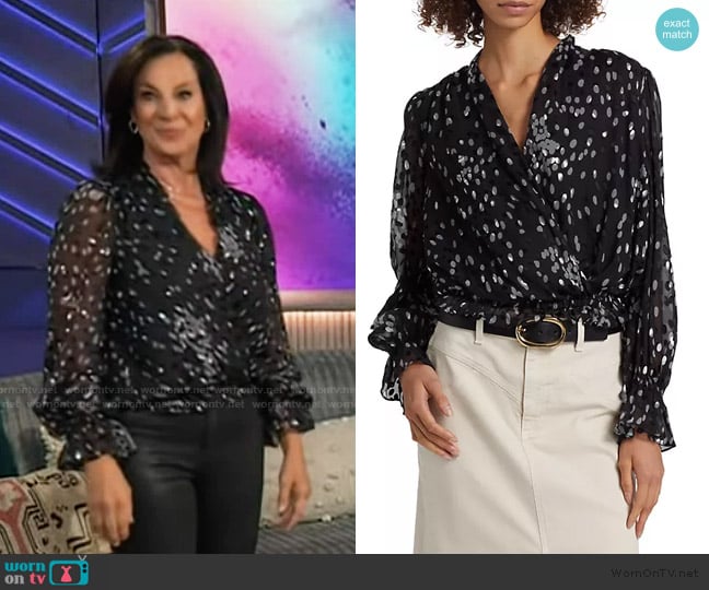 Emily’s black dotted sheer wrap top on The Kelly Clarkson Show