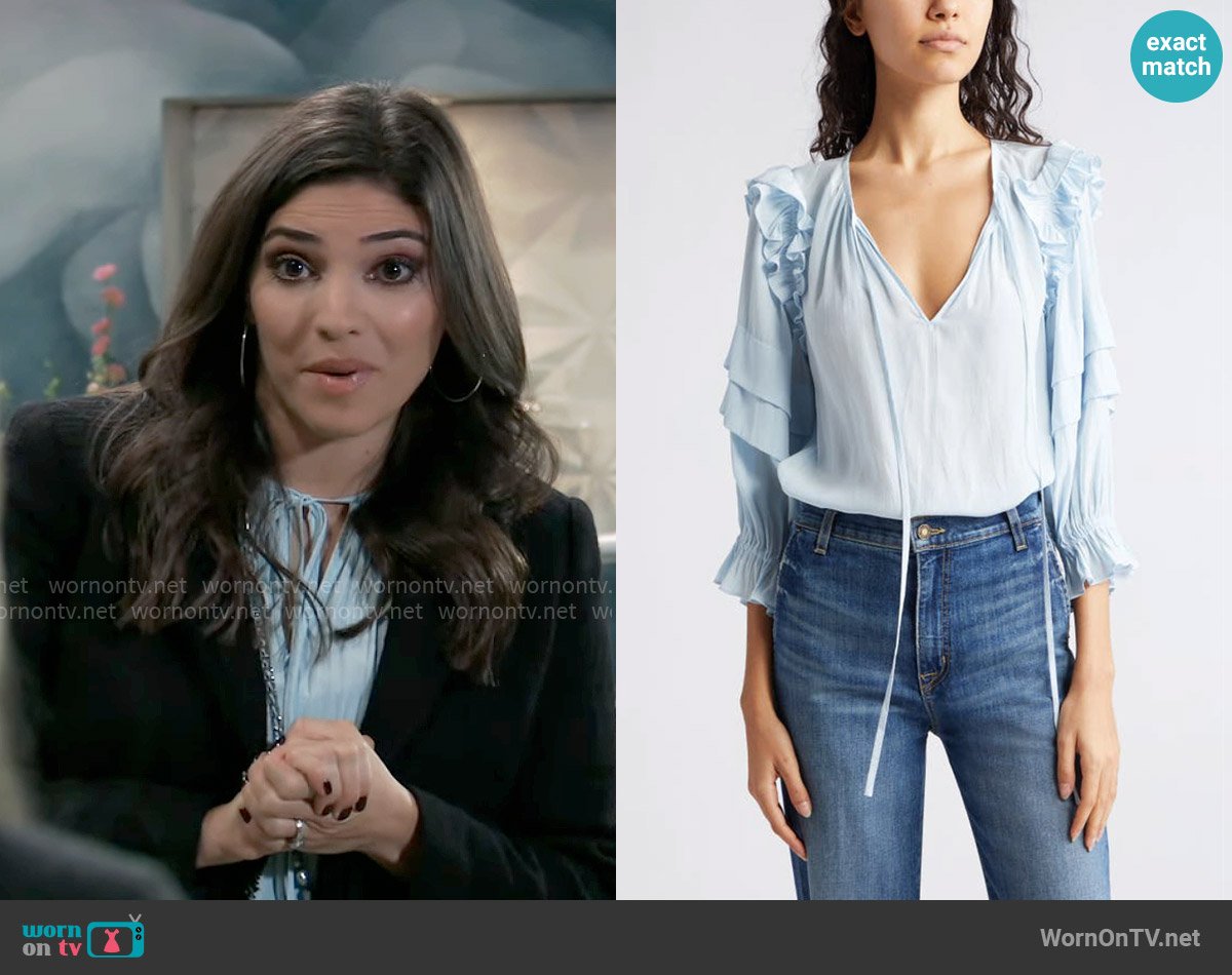 Ramy Brook Samira Ruffle Top in Crystal Blue worn by Brook Lynn Quartermaine (Amanda Setton) on General Hospital