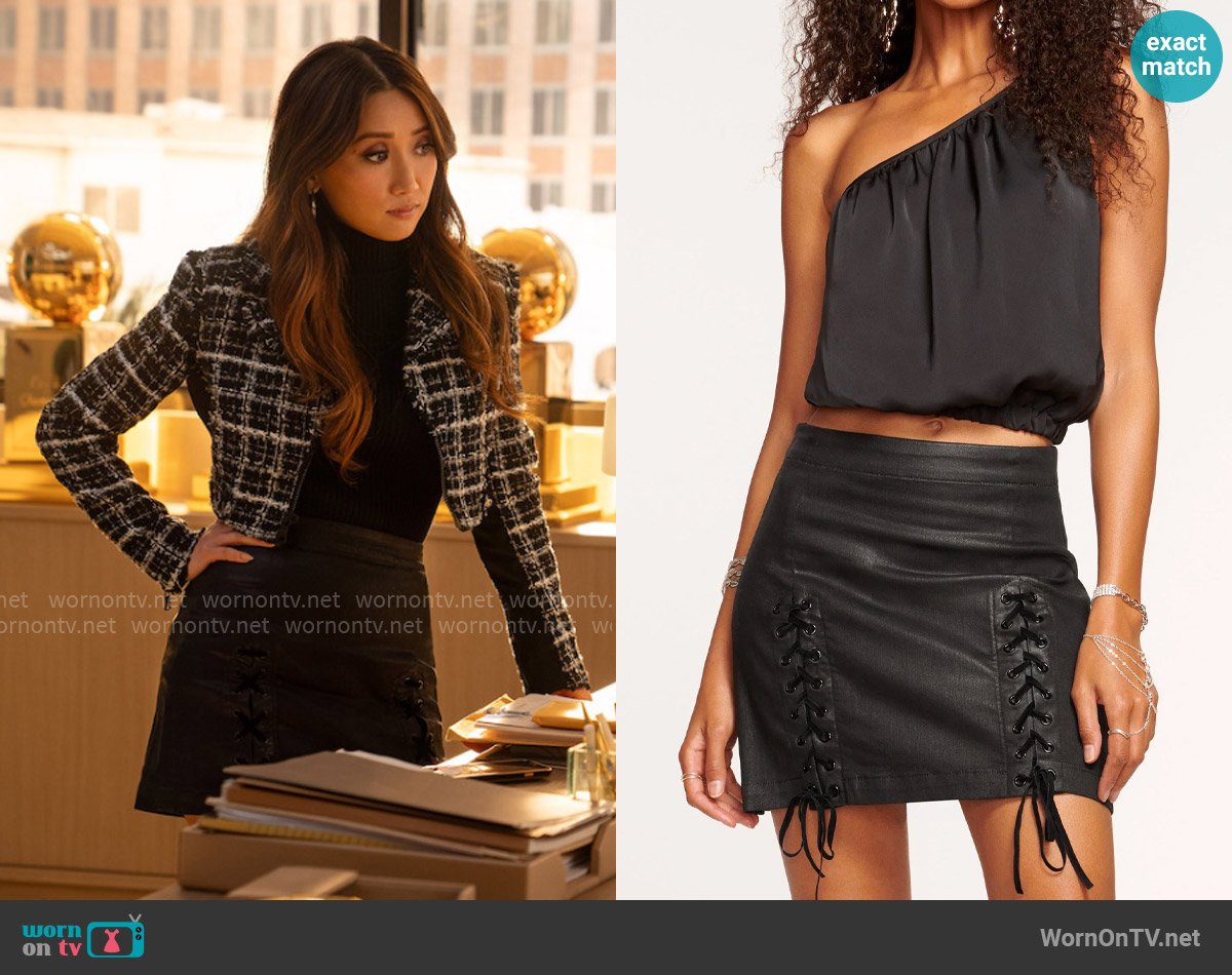 Ramy Brook Ryder Coated Denim Mini Skirt worn by Ali Lee (Brenda Song) on Running Point