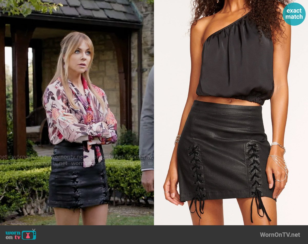 Ramy Brook Ryder Coated Denim Mini Skirt worn by Morgan Gillory (Kaitlin Olson) on High Potential