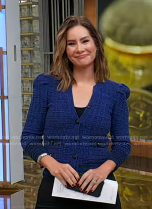 Rebecca’s blue knit cardigan on Good Morning America