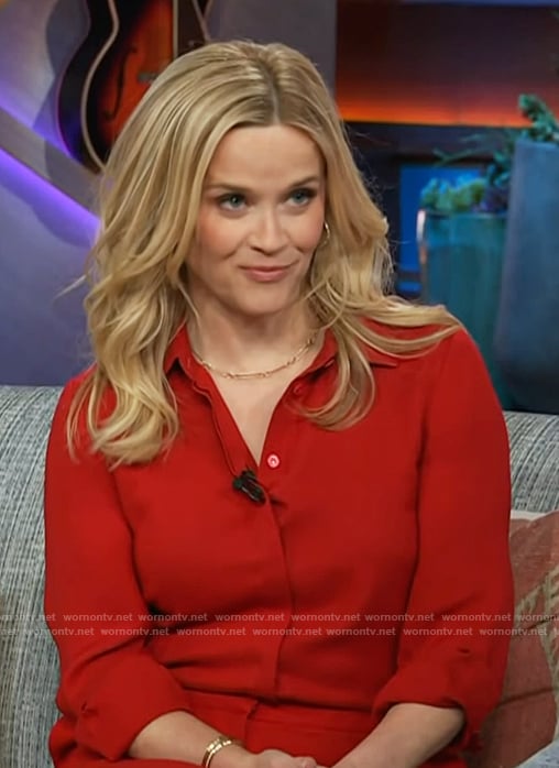 Reese Witherspoon's red blouse and pants on The Kelly Clarkson Show