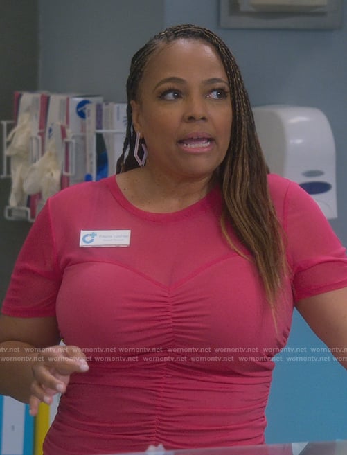 Regina's pink ruched front top on The Upshaws