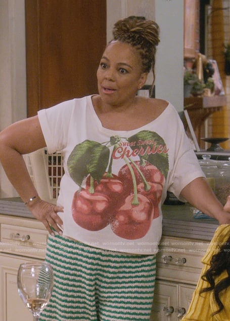 Regina's cherry print tee on The Upshaws