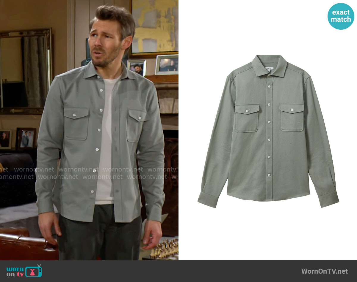 Reiss Arlo Woven Button-Up Overshirt in Sage Green worn by Liam Spencer (Scott Clifton) on The Bold and the Beautiful