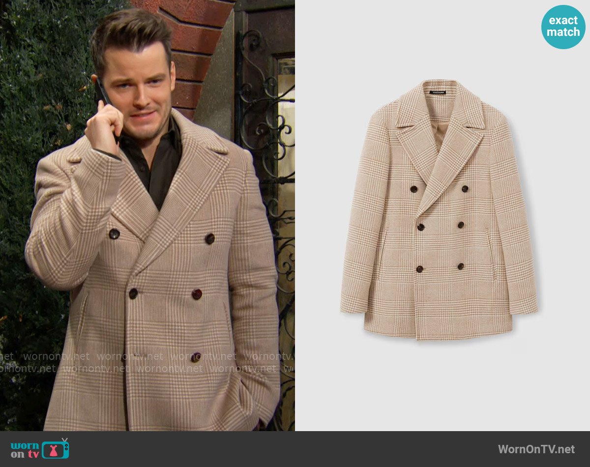 Reiss Bergamoo Coat in Oatmeal Check worn by Kyle Abbott (Michael Mealor) on The Young and the Restless