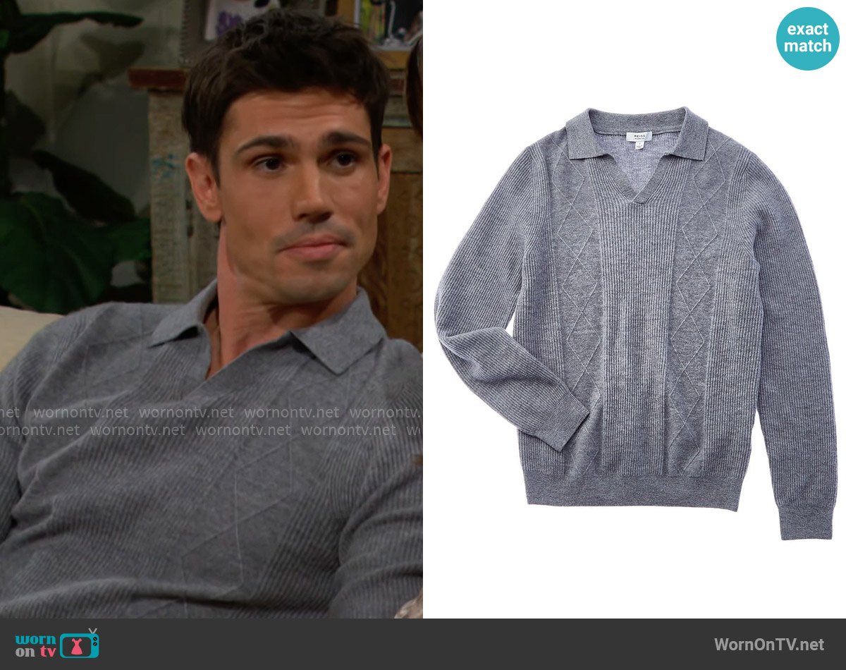 Finn’s grey cable-knit polo sweater on The Bold and the Beautiful