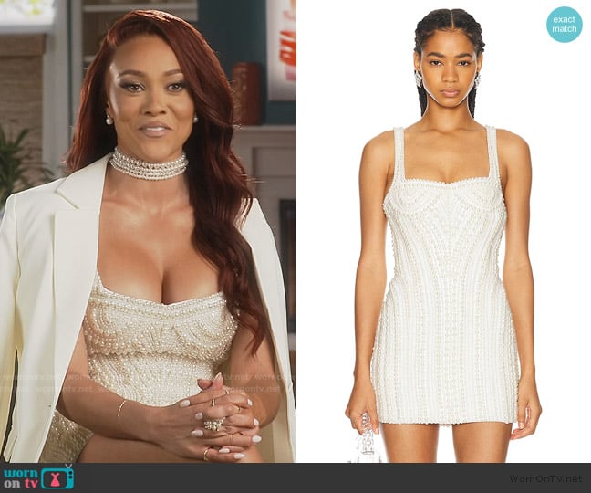 Ashley’s white pearl embellished confessional dress on RHOP