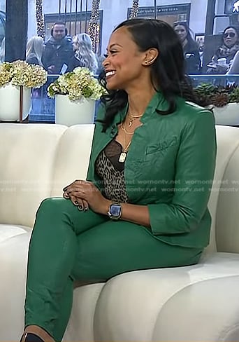 Rhea Williams' leopard cami and green leather suit on Today