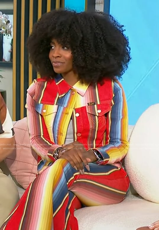 Rinny Perkins' stripe denim jacket and pants on Tamron Hall Show