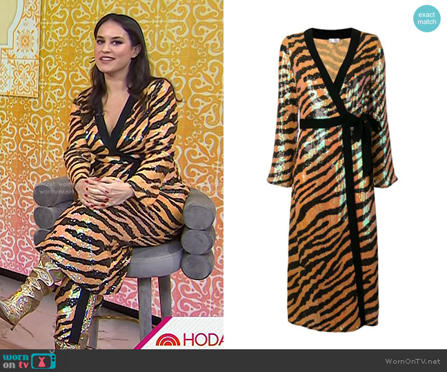 Rixo Gigi Sequin Dress in Mustard Tiger worn by Donna Farizan on Today