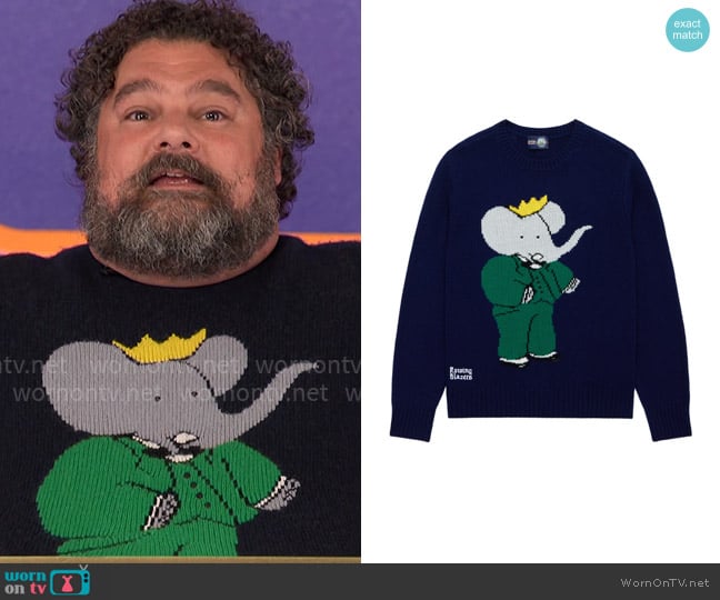 Rowing Blazers Cashmere Babar Sweater worn by Bobby Moynihan on Hollywood Squares