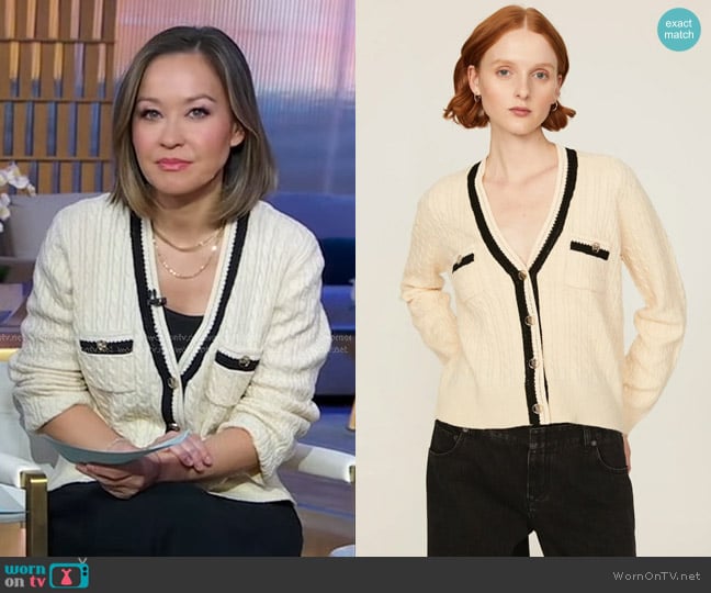 Sandro Cable Knit Cardigan worn by Eva Pilgrim on Good Morning America