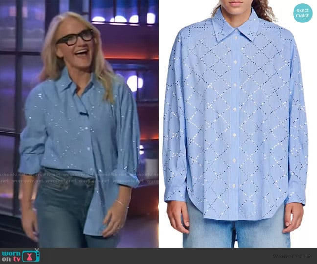 Mel Robbins’ blue rhinestone embellished shirt on The Kelly Clarkson Show