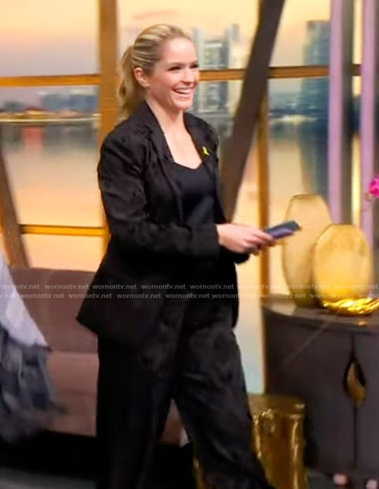 Sara’s black floral jacquard blazer and pants on The View