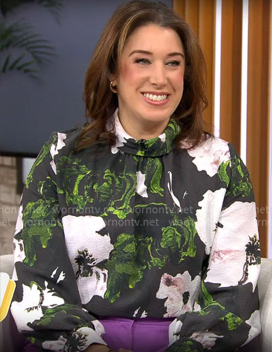 Sarah Gelman's large floral print blouse on CBS Mornings