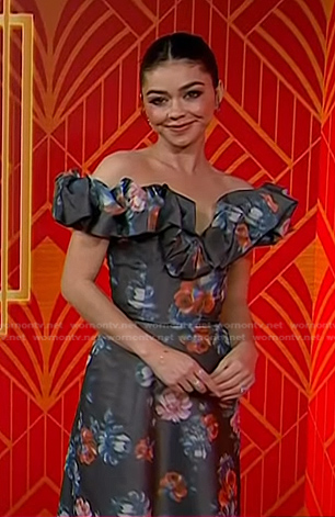 Sarah Hyland’s black floral off-shoulder dress on Today