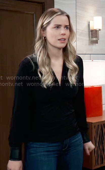 Sasha’s black leather detail top on General Hospital