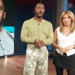 Scott’s green knit sweater and camo print pants on Access Hollywood