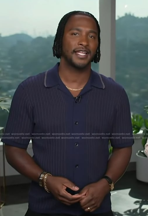 Scott’s navy button front shirt on Access Hollywood