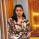 Shanelle Kaul’s brown marble print wrap top and pants set on CBS Mornings