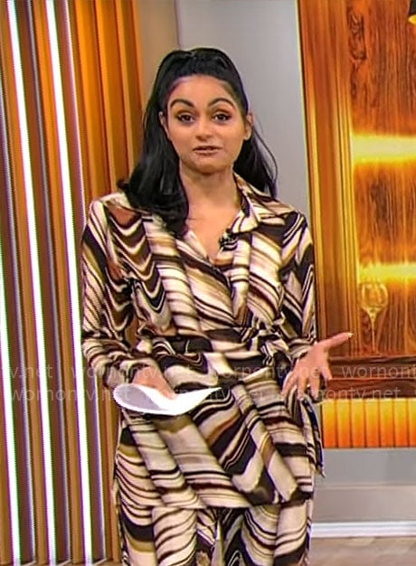 Shanelle Kaul's brown marble print wrap top and pants set on CBS Mornings