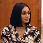 Shanelle Kaul's brown marble print wrap top and pants set on CBS Mornings