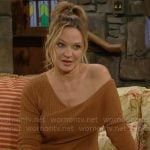 Sharon’s tan one-shoulder sweater on The Young and the Restless