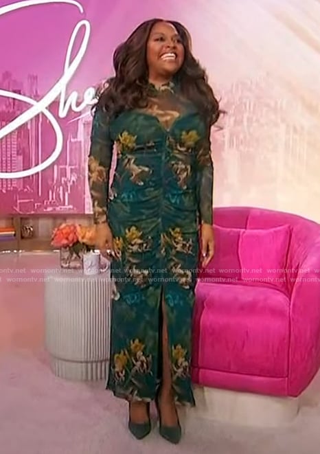 Sherri’s green floral print ruched dress on Sherri