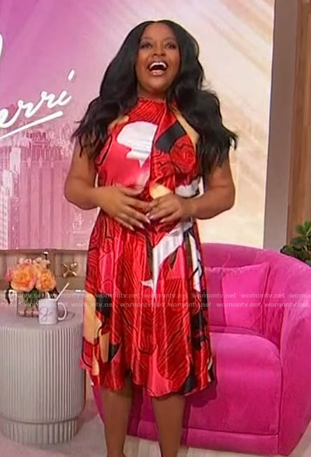 Sherri’s red printed top and skirt on Sherri