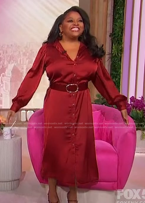 Sherri’s red satin shirtdress on Sherri